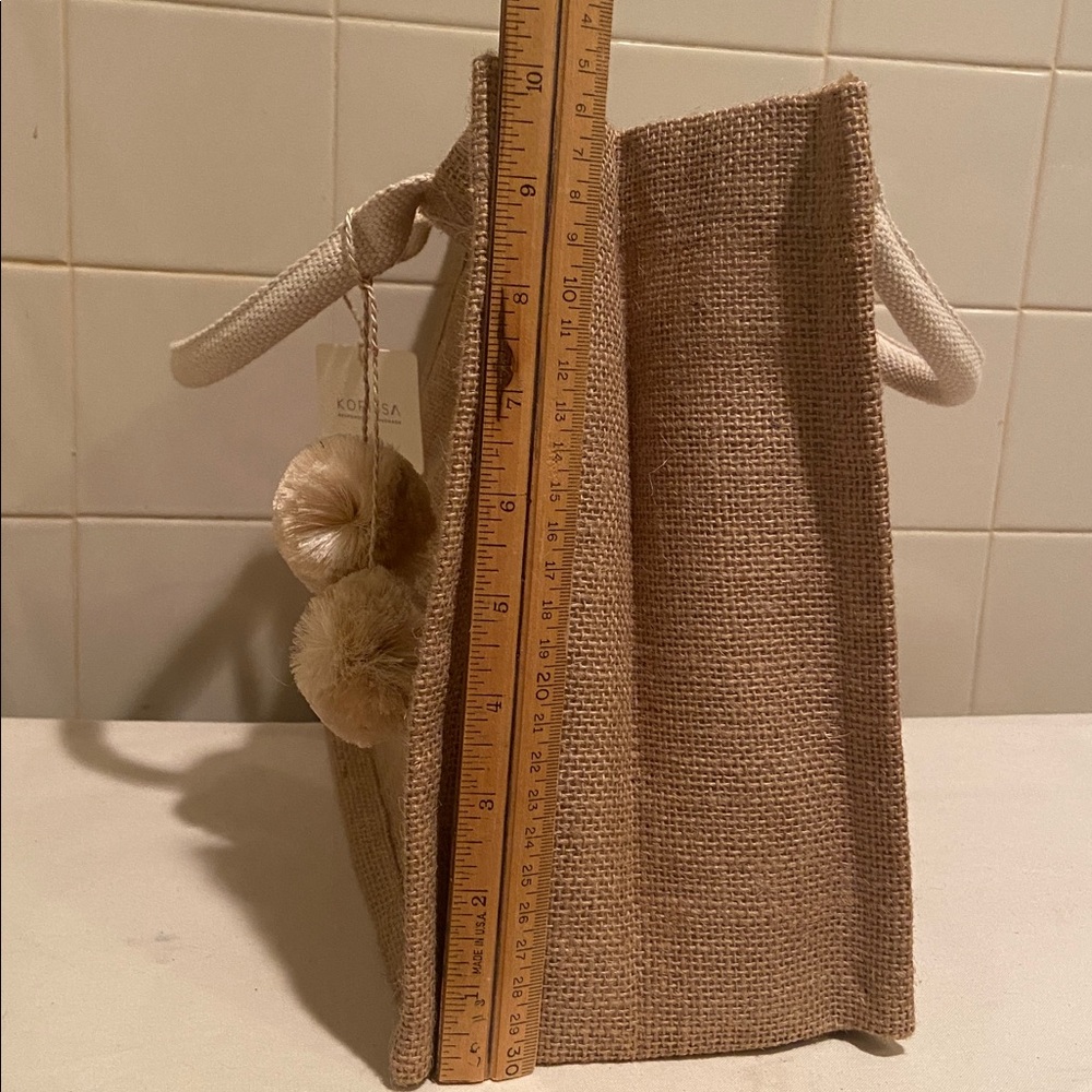 🩷Tan Jute Canvas Handmade Tote Bag with pompom by Korissa - Picture 3 of 8